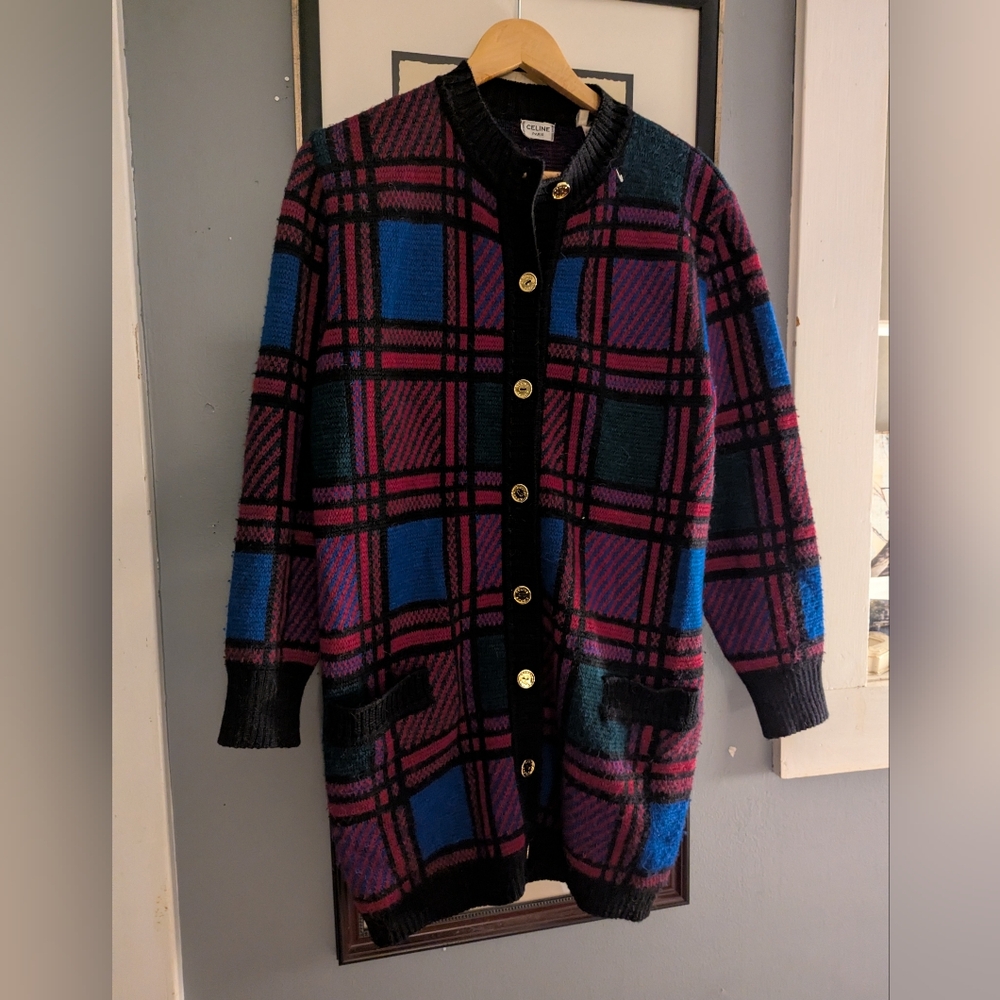 Vintage Celine Paris Plaid Long Cardigan - Picture 3 of 9